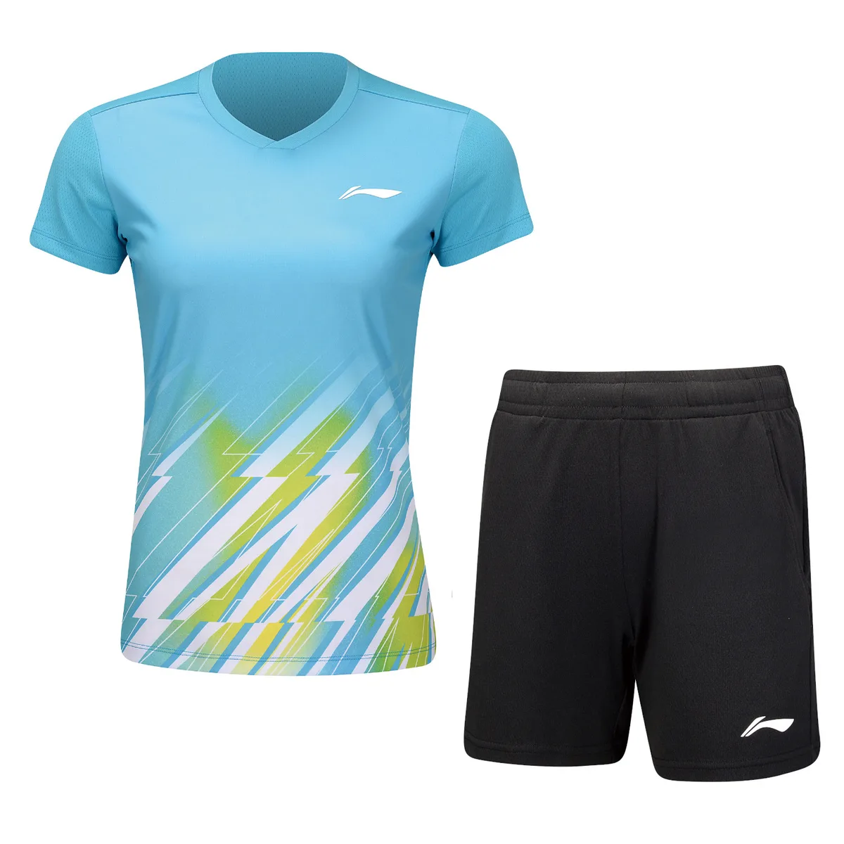 Li-Ning AATU032-3 Комплект женский футболка с шортами, голубой черный